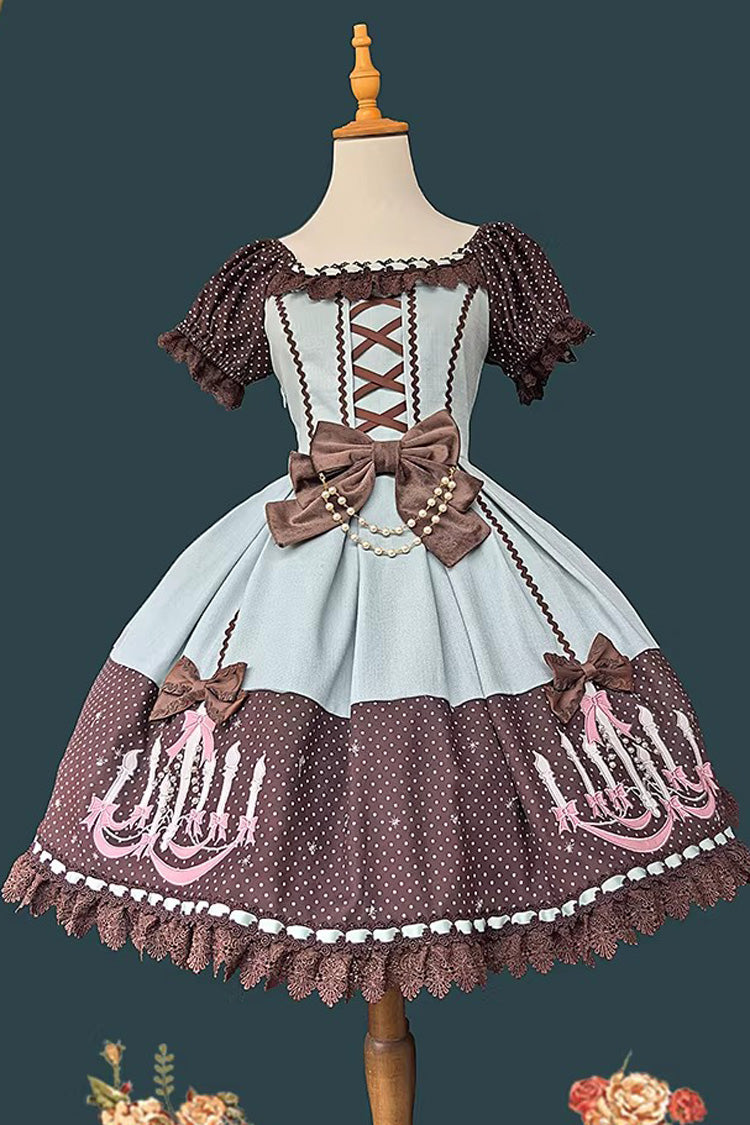 Chandelier Printed Sweet Short Sleeves Bow Lace-Up Pearl-Decorated Lolita Dress 4 Colors