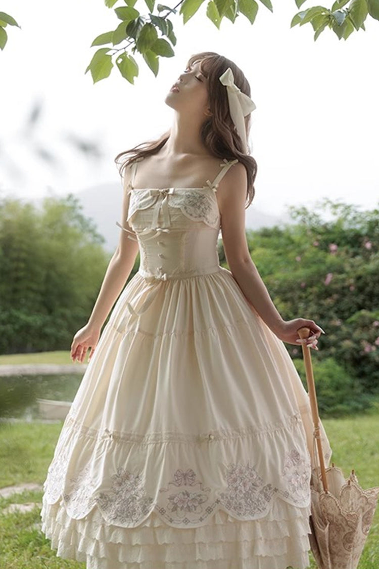 Apricot Fantasy Butterfly Triple-Layered Ruffle Embroidery Bowknot Lace Sweet Princess Lolita Jsk Dress