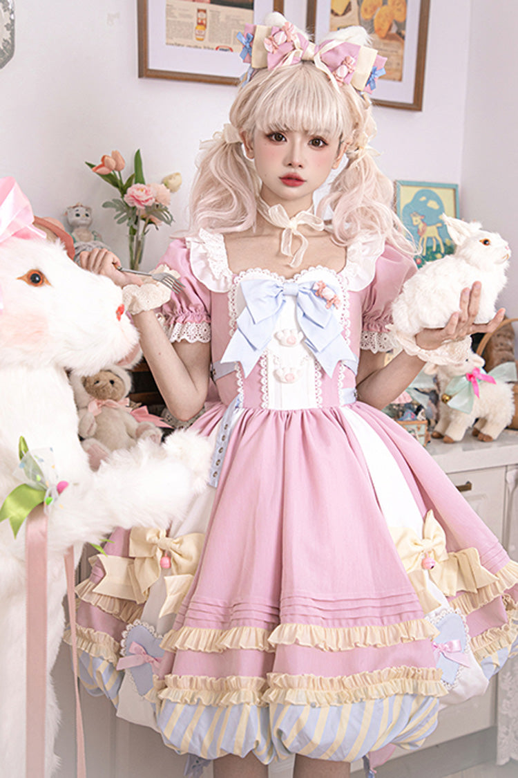 Pink Short Sleeves Print Ruffle Bowknot Lace-Up Sweet Princess Lolita Dress Set