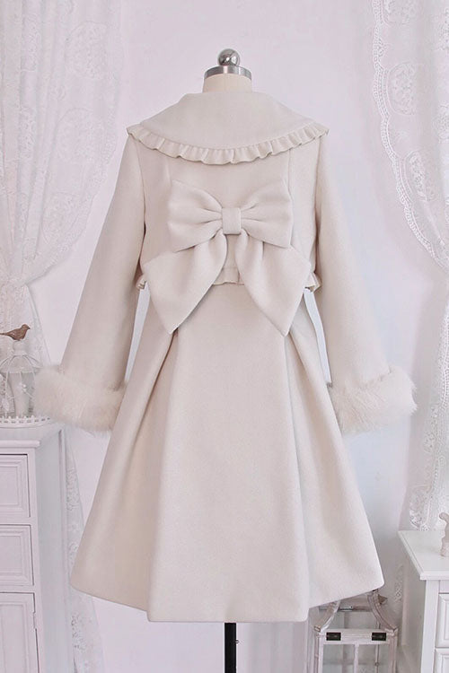 Ivory Double Breasted Bowknot Plush Long Sleeves Fake Two-Piece Woolen Lolita Coat