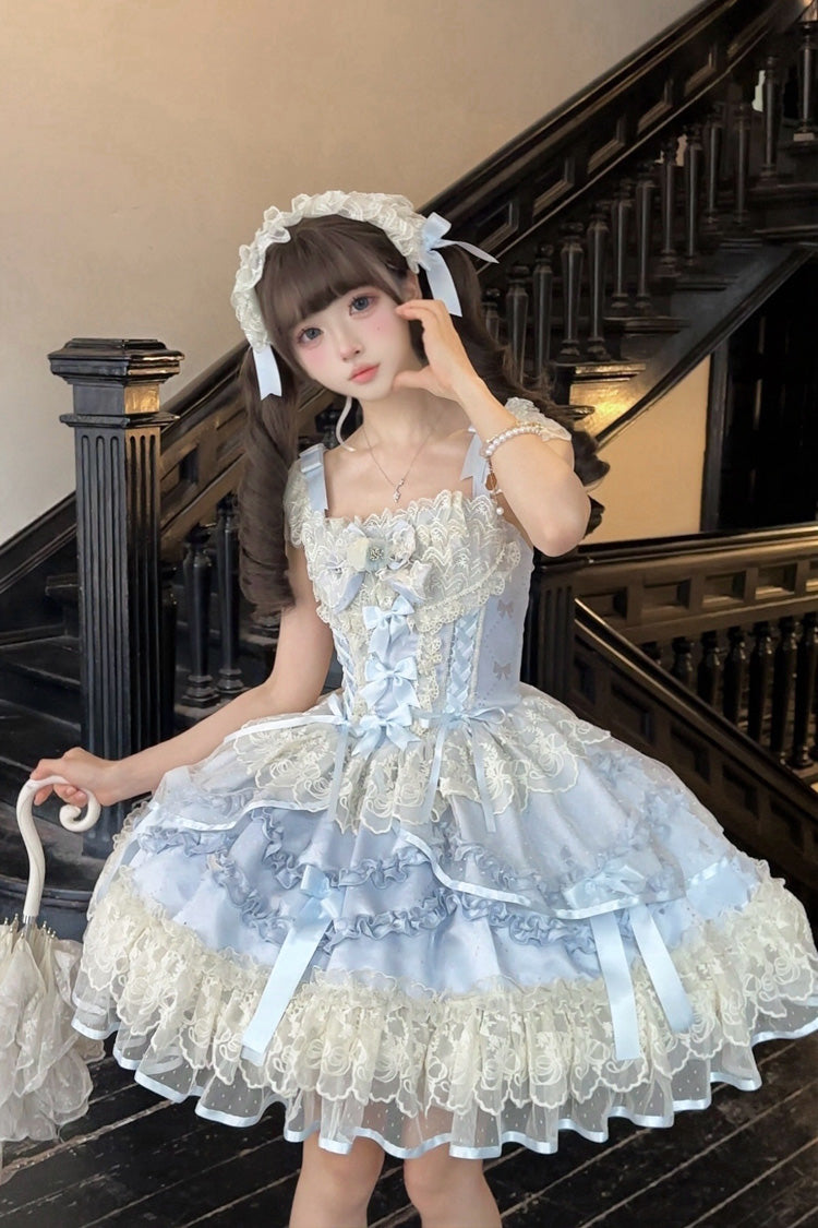 Blue Dreaming Butterfly Multi-Layered Jacquard Ruffle Bowknot Lace Sweet Princess Lolita Jsk Dress
