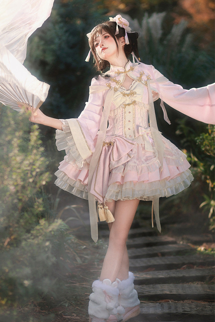 Pink White Pear Dream Multi-layer Ruffle Lace Sweet Chinese Style Princess Lolita Jsk Dress