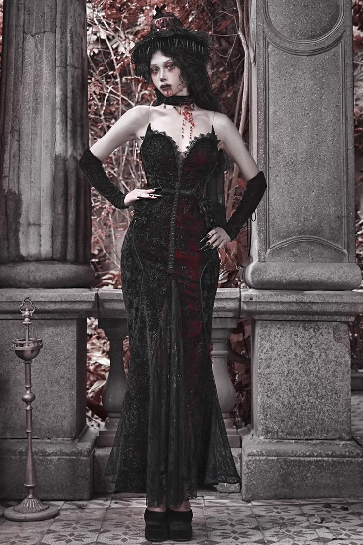 Black/Red Scarlet Blood Peak Sleeveless High Waisted Ruffle Embroidery Lace Gothic Lolita Fishtail Dress