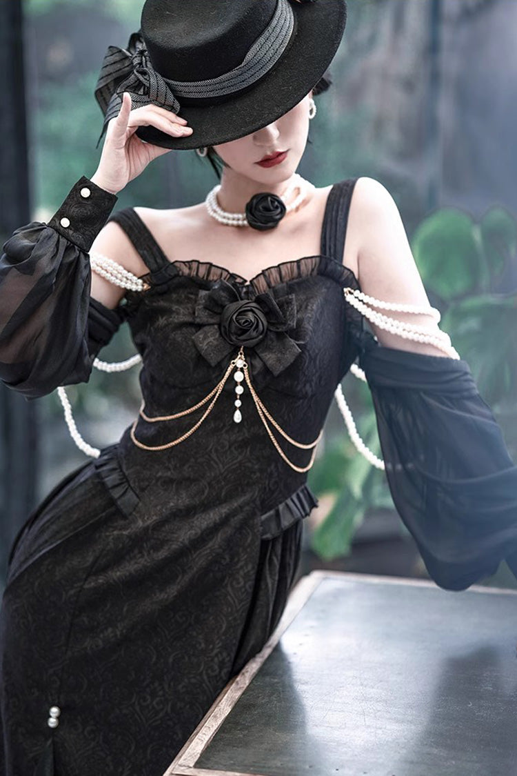 Black Camellia 1.0 Sleeveless Jacquard Ruffle Lace Gothic Chinese Style Lolita Jsk Fishtail Dress