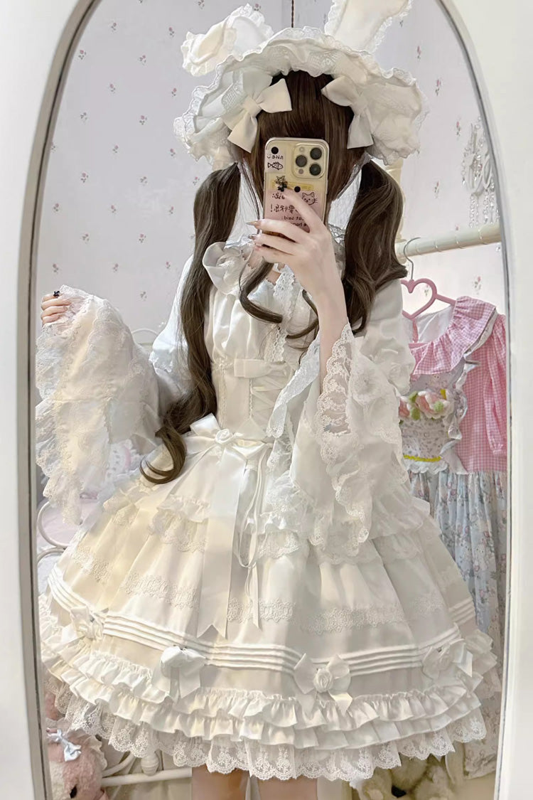 White Layered Buttercream Frosting Short Sleeves Ruffle Bowknot Lace Sweet Lolita Dress