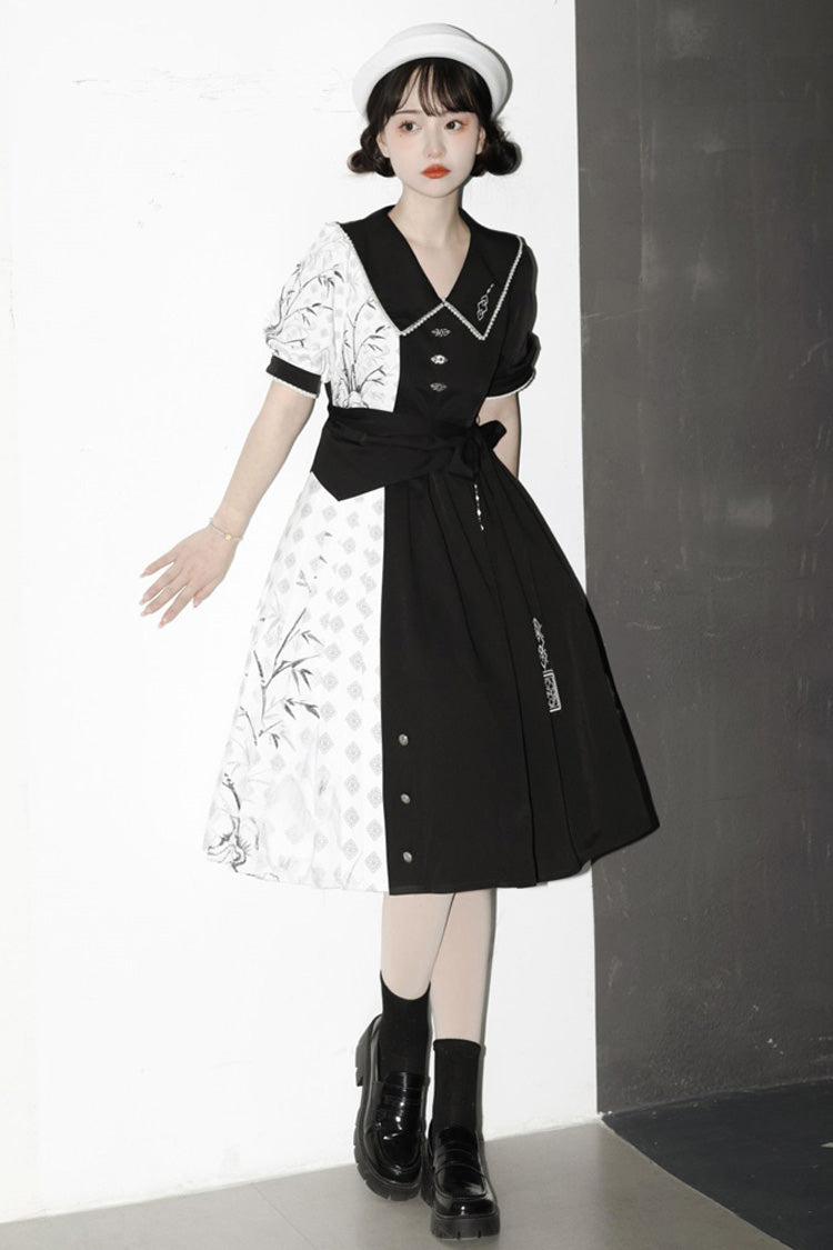 Black/White Stitching Chinese Style Bamboo Print High Waisted Sweet Lolita Dress