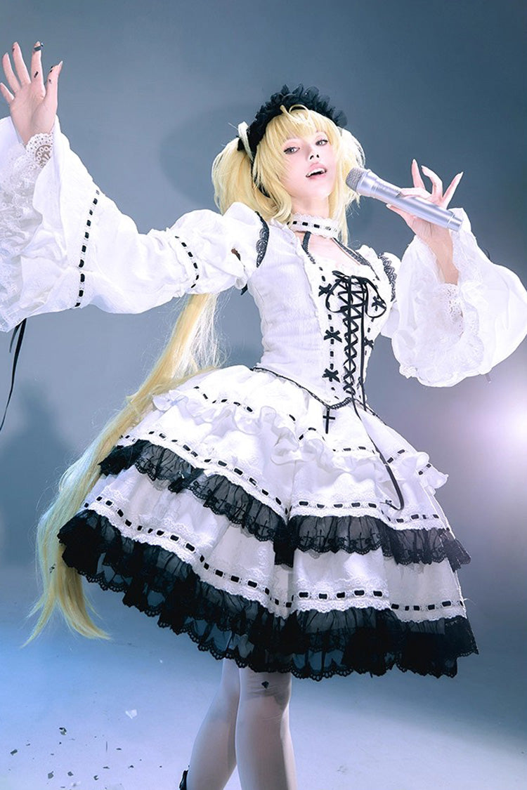 White Witch Long Trumpet Sleeves Double-Layered Ruffle Bowknot Lace-Up Gothic Lolita Skirt Dress Set