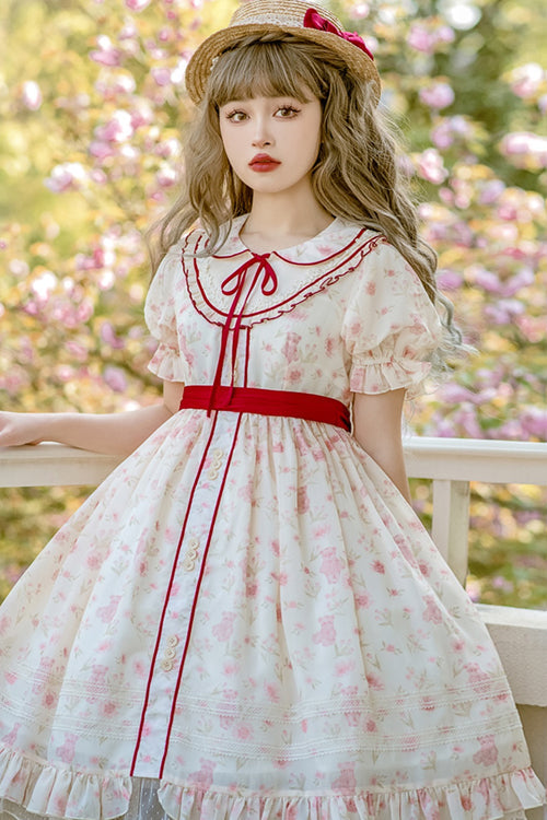 Pink Cute Bear Print Doll Collar Ruffled Short Sleeves High Waisted Sweet Lolita Dress