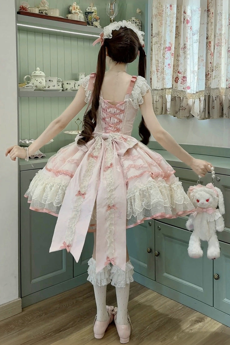 Pink Dreaming Butterfly Multi-Layered Jacquard Ruffle Bowknot Lace Sweet Princess Lolita Jsk Dress