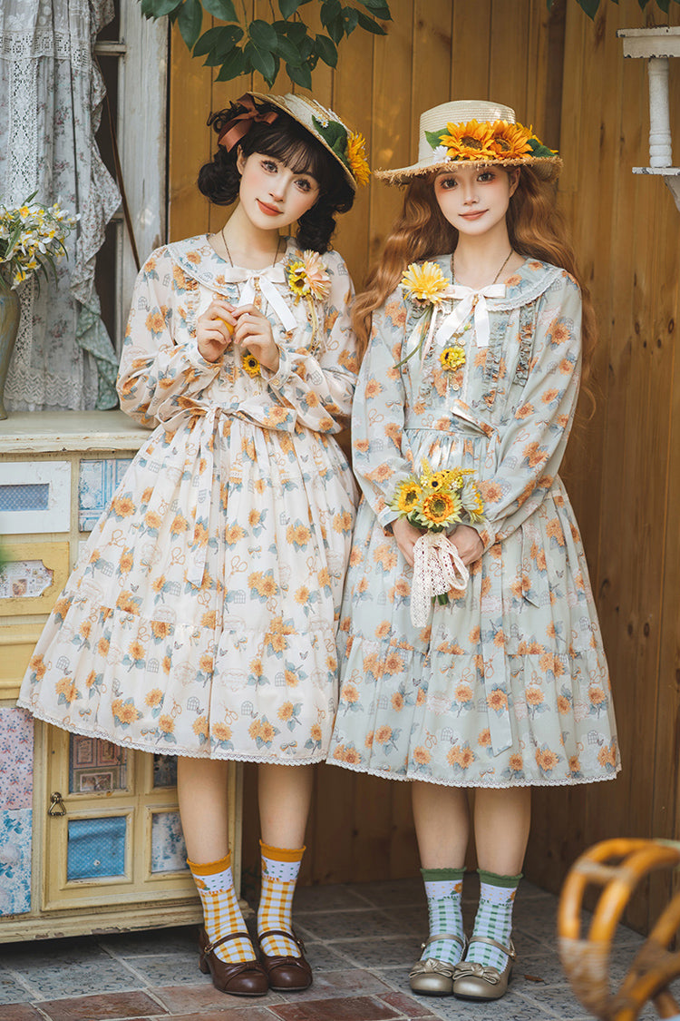 Green Gardening Sunflower Long Sleeves Print Ruffle Bowknot Sweet Elegant Lolita Dress