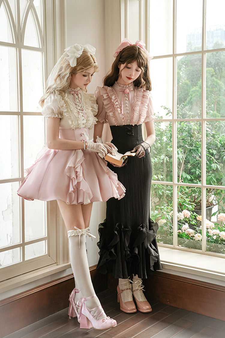 Pink/Black Miss Lola Stand Collar Short Sleeves Multi-Layered Ruffle Bowknot Sweet Lolita Mermaid Dress