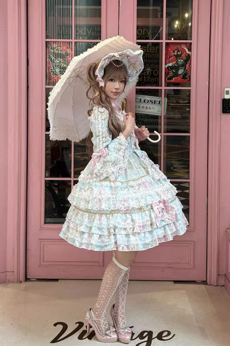 Blue Candlelight Elegance Long Trumpet Sleeves Multi-Layered Ruffle Bowknot Lace Sweet Elegant Lolita Dress