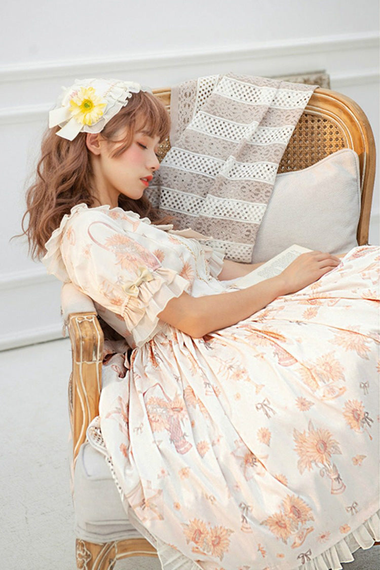 Ivory Miss Sunflower Short Sleeves Printed Ruffled Bow Sweet Lolita Dress