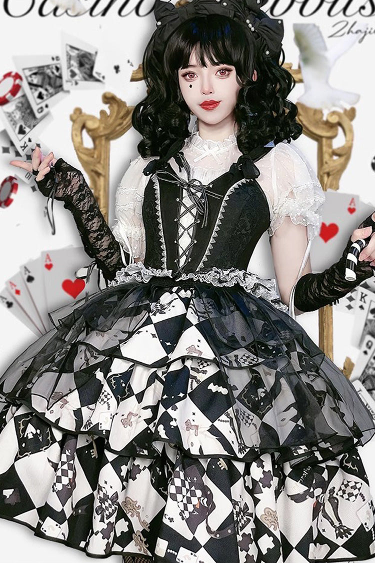 Black/White Board Games Triple-Layered Print Ruffle Vintage Lolita Skirt