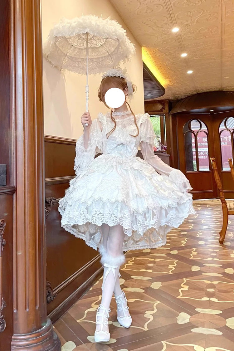 White Peacock Feather Multi-Layered Ruffle Hanayome Cardigan Bowknot Lace Sweet Lolita Jsk Dress Set