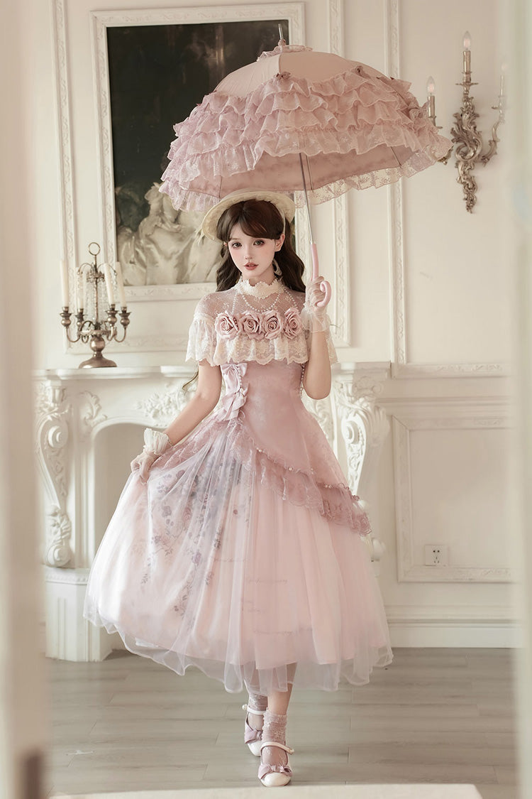 Pink Rose Poems Ruffle Embroidery Bowknot Lace Asymmetric Sweet Elegant Lolita Dress Set