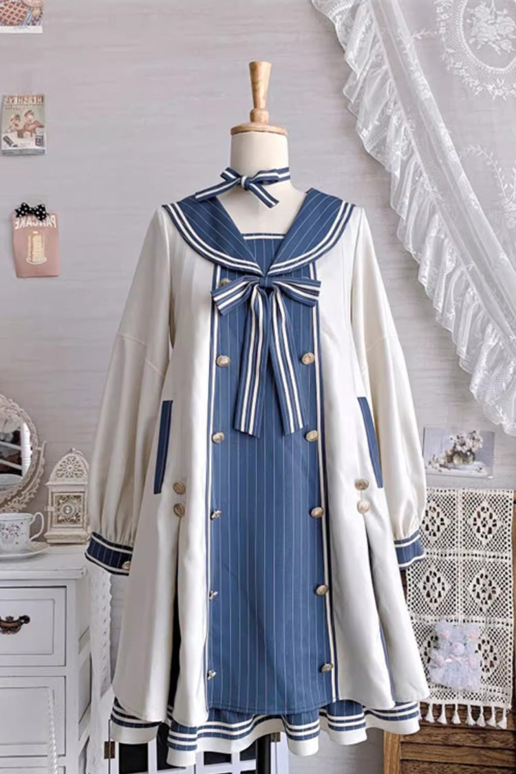 Blue/Apricot Navy Collar Long Sleeves Print Ruffle Bowknot Sweet Plus Size Lolita Dress
