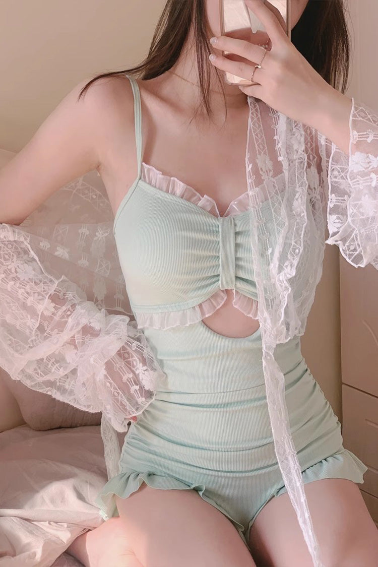 Green Sleeveless Ruffle Cute Sweet Lolita Strapless One Piece Swimsuit