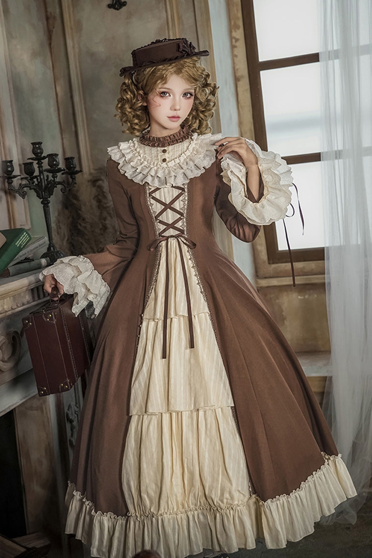 Brown/Beige Nutcracker Stand Collar Long Trumpet Sleeves Ruffle Cardigan Bowknot Lace-Up Sweet Lolita Dress Set 2 Versions