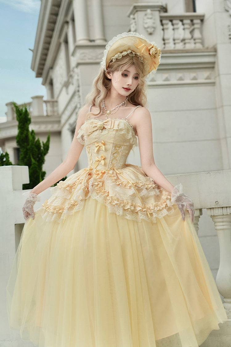 Yellow Sissi's Pilgrimage Off Shoulder Ruffle Bowknot Lace Sweet Lolita Skirt (Long Version)
