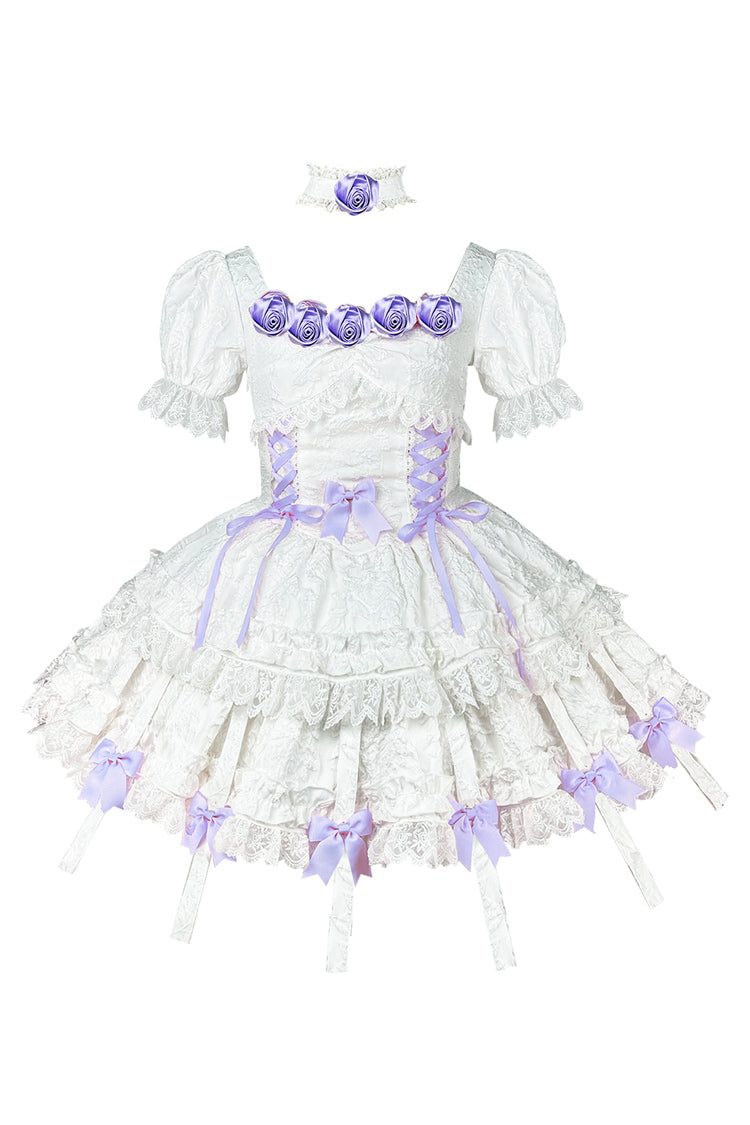 White/Purple Puff Short Sleeves Princess Gothic Lolita Tiered Dress