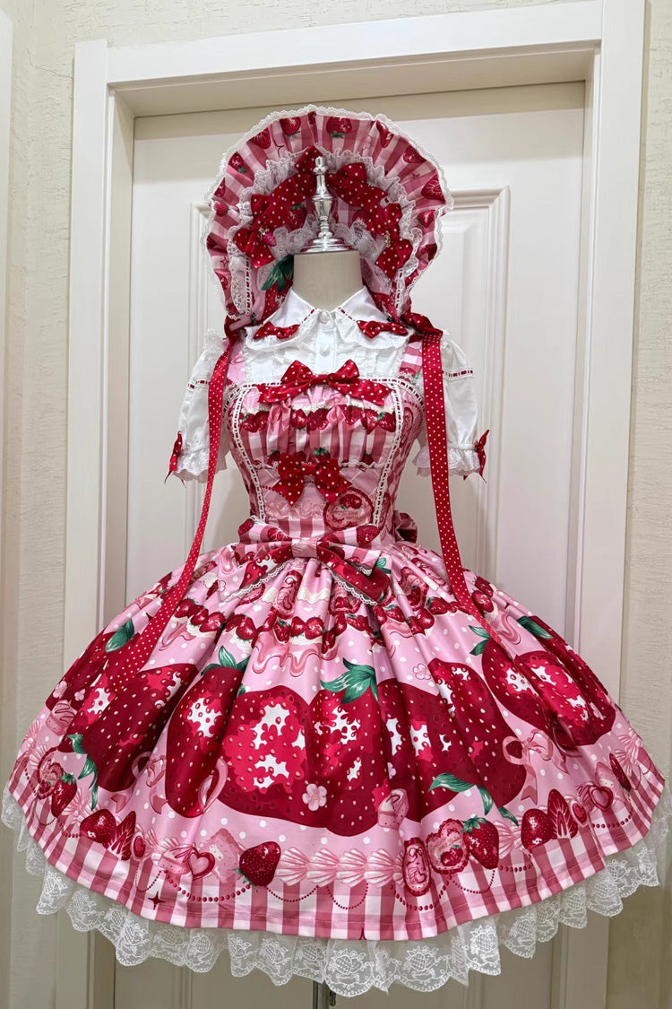 Dream to Strawberry Print Ruffle Bowknot Lace Sweet Lolita Jsk Dress 4 Colors