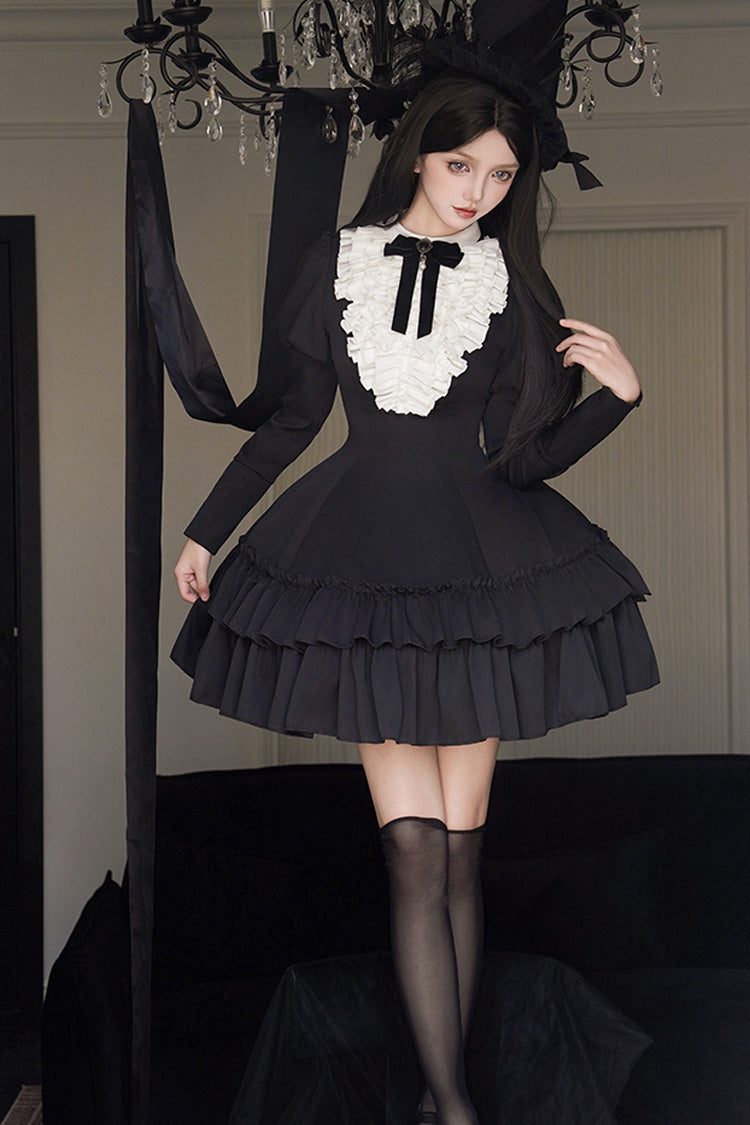Black Miss Weir Stand Collar Long Sleeves Double-Layered Ruffle Gothic Lolita Dress