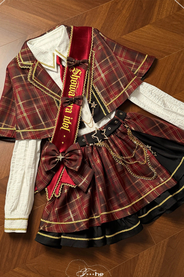 Red Shōwa Little Idol Lapel Collar Long Sleeves Ruffled Open-Front Bow Asymmetric Classic Lolita Skirt Set