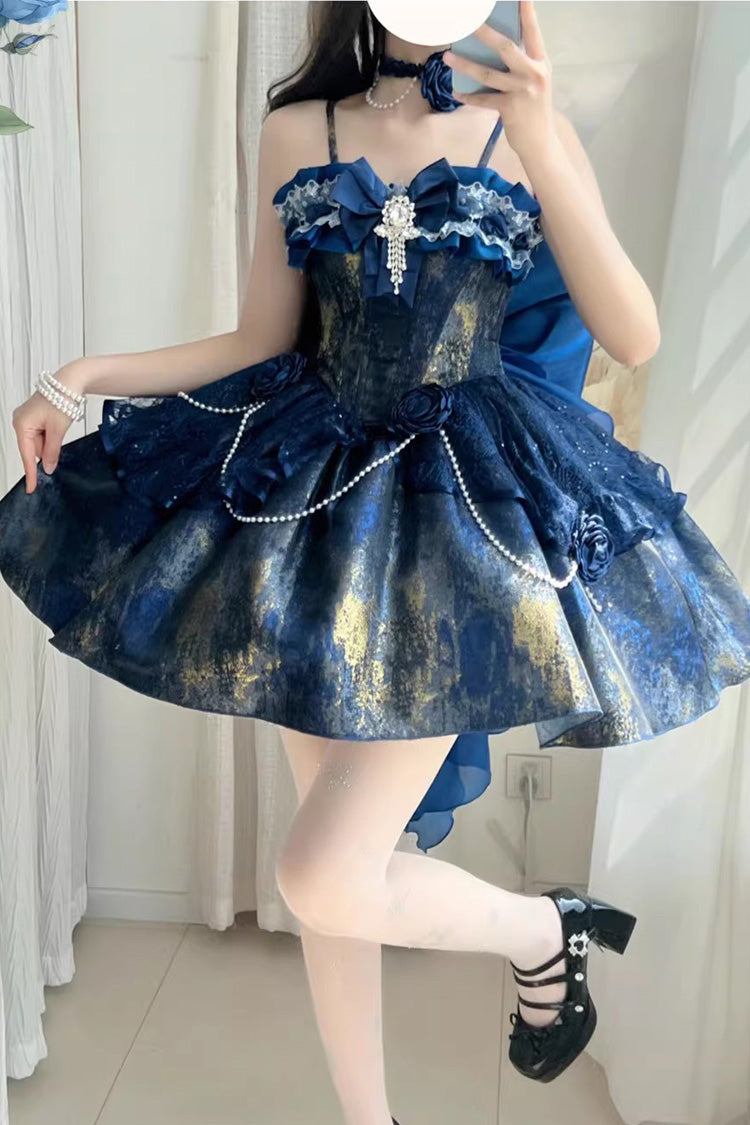 Cosmic Shimmer Halterneck Oil Printed Ruffled Bow Lace Pearl-Decorated Sweet Princess Lolita Short Jsk Dress 2 Colors