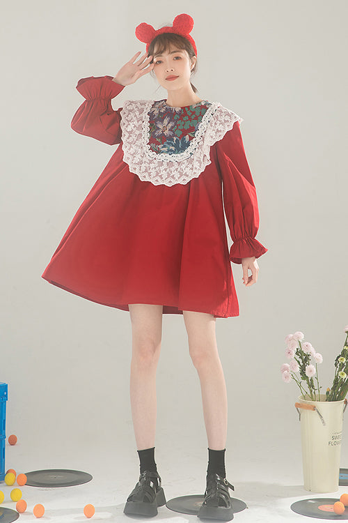 Red Lace Panel Round Collar Ruffled Long Sleeves High Waisted Sweet Lolita OP Dress