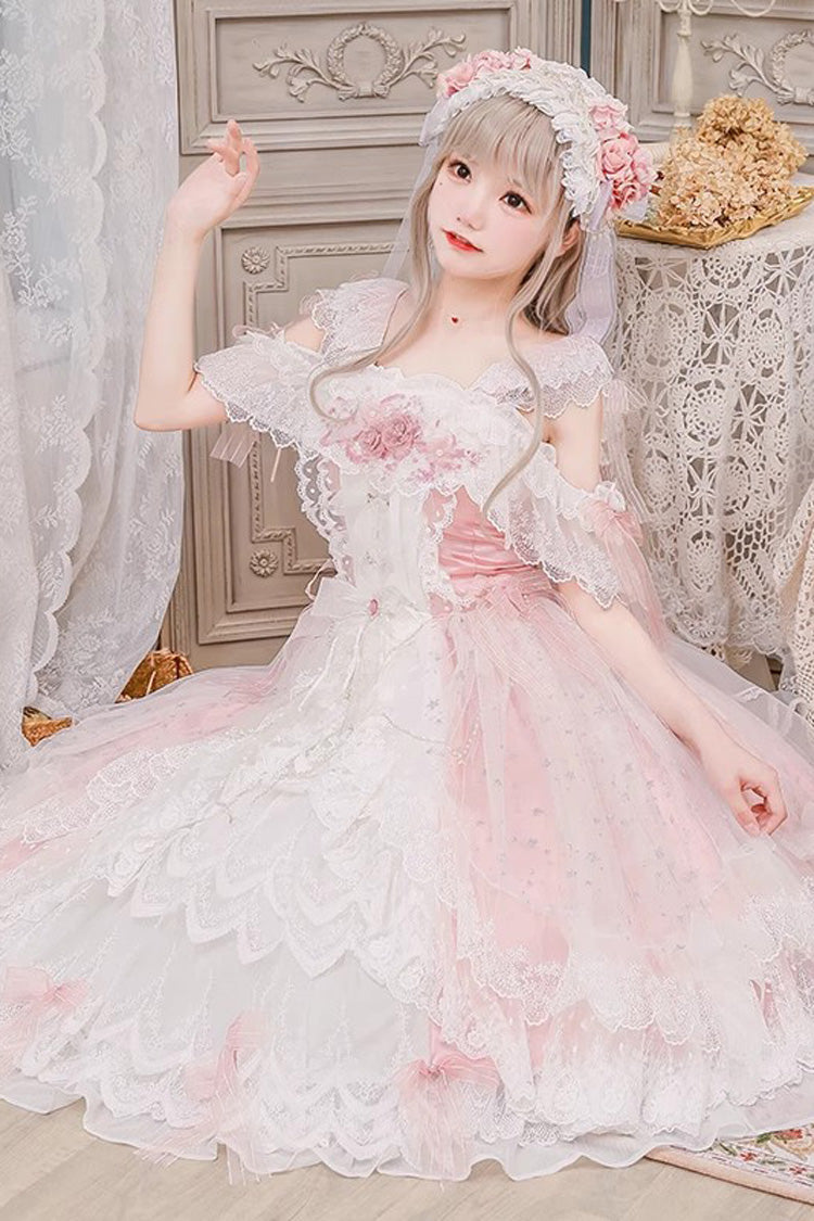 Pink Glazed Phantom Off Shoulder Ruffle Hanayome Bowknot Lace Sweet Elegant Lolita Dress