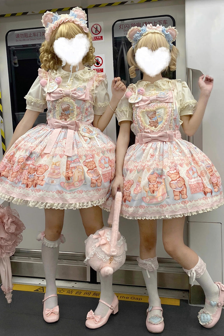 Bear Anniversary Celebration Sleeveless Printed Ruffled Bow Sweet Lolita Strap Dress 2 Colors