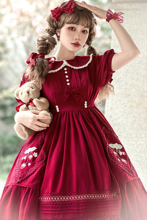 Red Doll Collar Lantern Sleeves Ruffled Strawberry Embroidered Sweet Lolita Dress