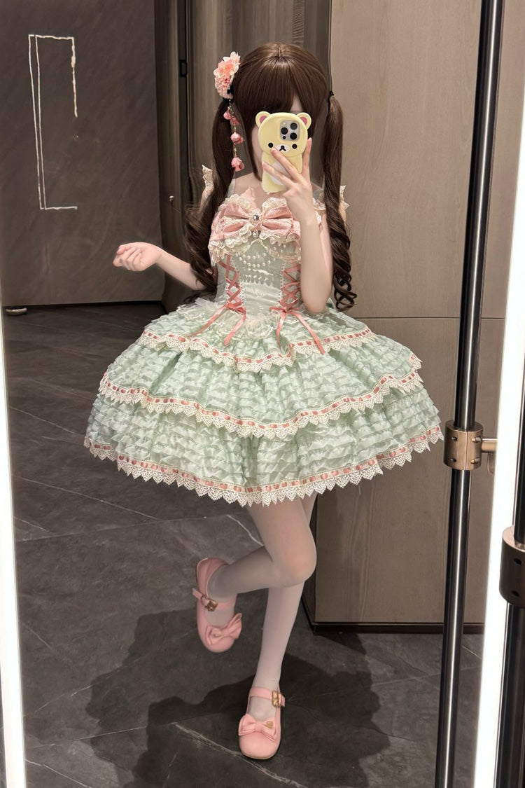 Green Song of Floral Letters Sleeveless Triple-Layered Bowknot Lace-Up Sweet Lolita Jsk Dress