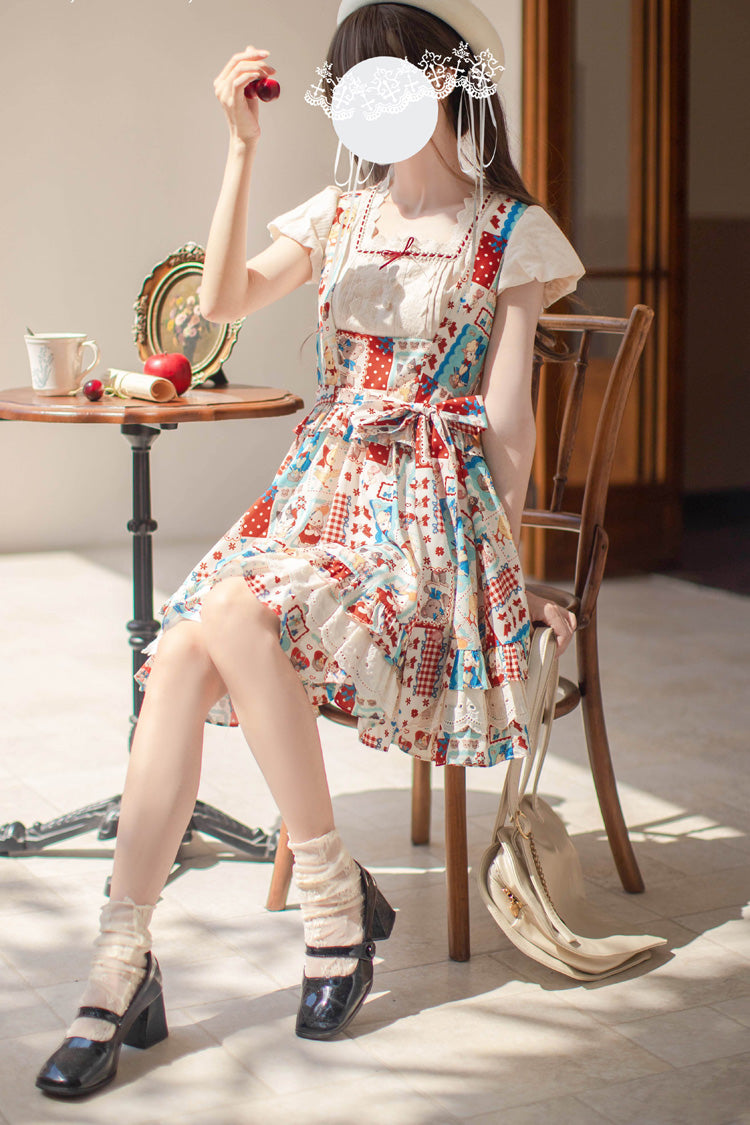 Multi-Color Linlang Painting Shop Sleeveless Multi-Layered Print Ruffle Sweet Vintage Lolita Jumper Dress