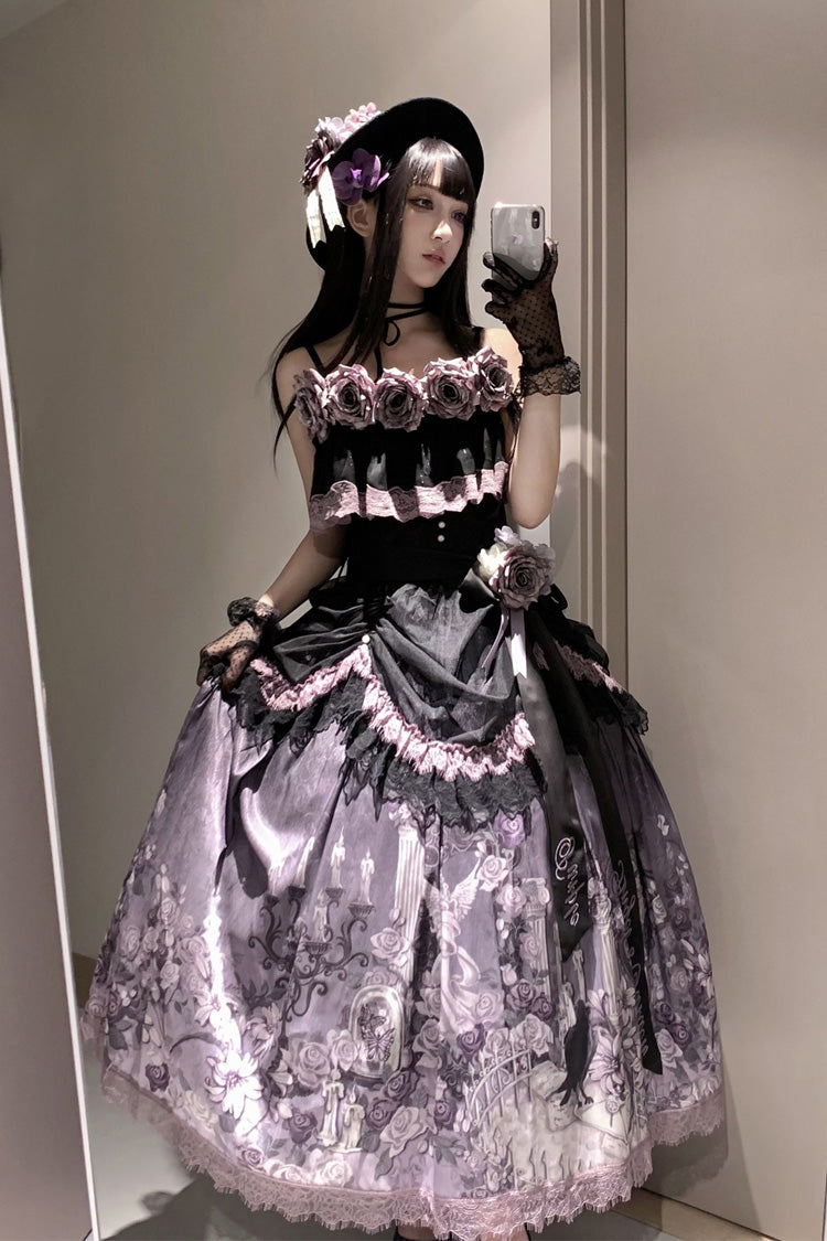 Black/Purple Angel Garden Sleeveless Print Ruffle Bowknot Lace Sweet Gothic Lolita Skirt Set