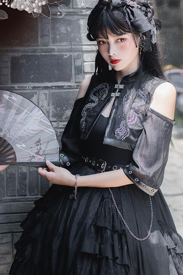 Dark Boat Neck Dragon Print Chinese Style High Waisted Multi-Layer Ruffled Gothic Lolita Jsk Dress