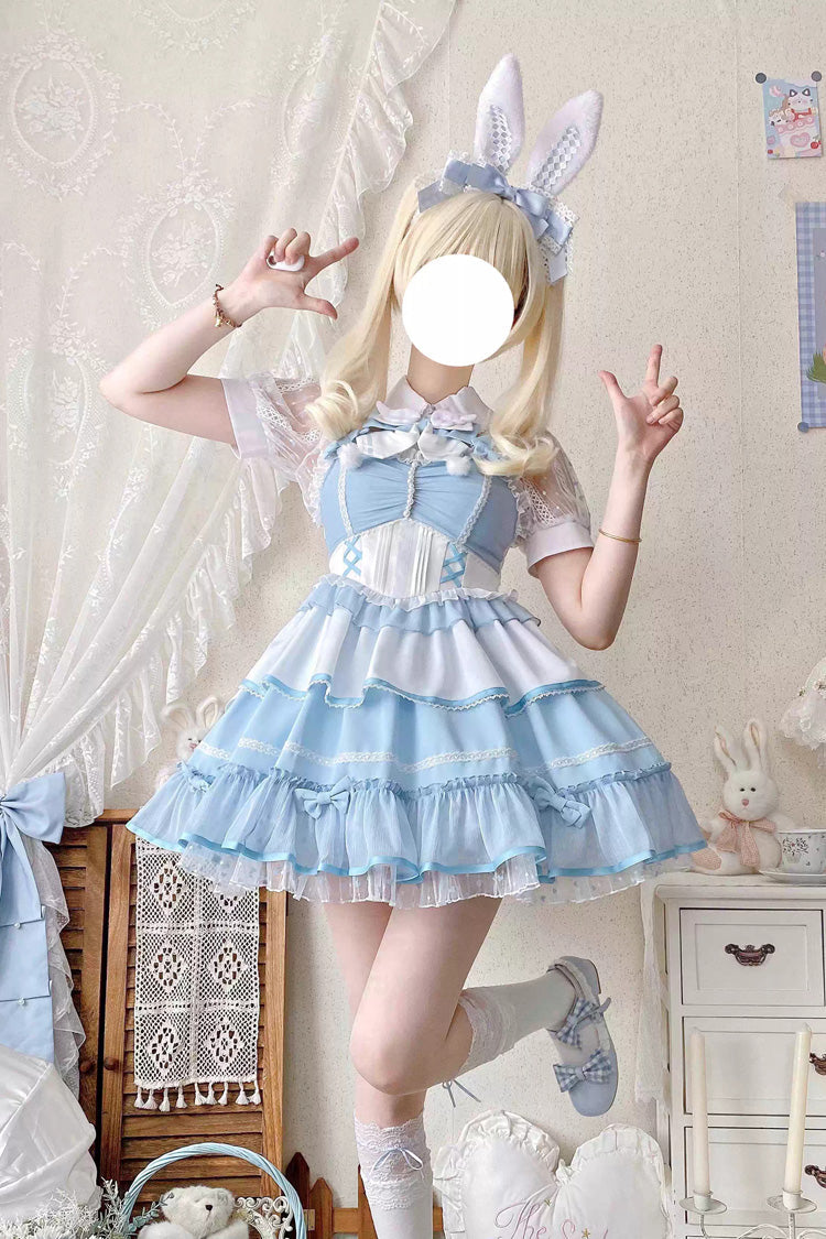 Blue/White Cotton Cloud Lapel Collar Ruffle Bowknot Lace-Up Sweet Lolita Jsk Dress