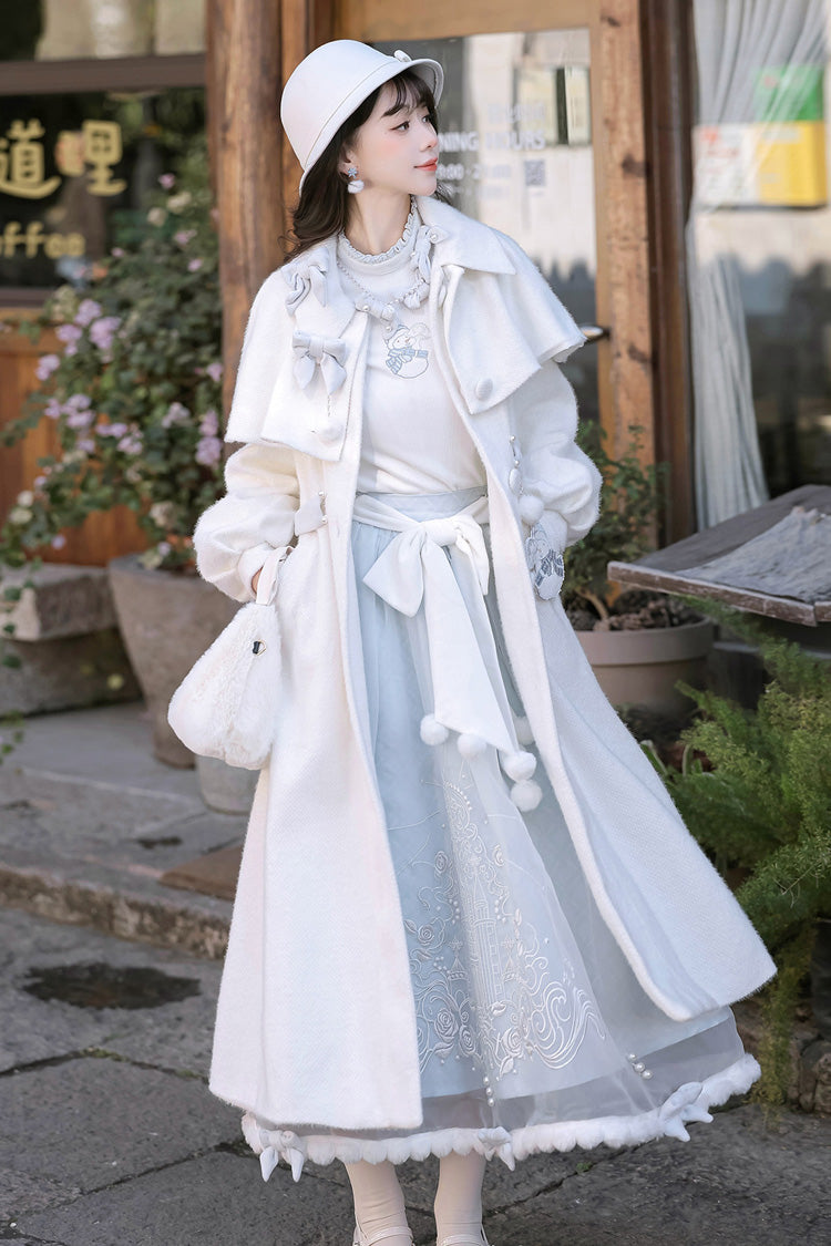 White/Blue Sunny Sky Snow Doll Long Sleeves Embroidered Bow Sweet Elegant Lolita Skirt Coat Set