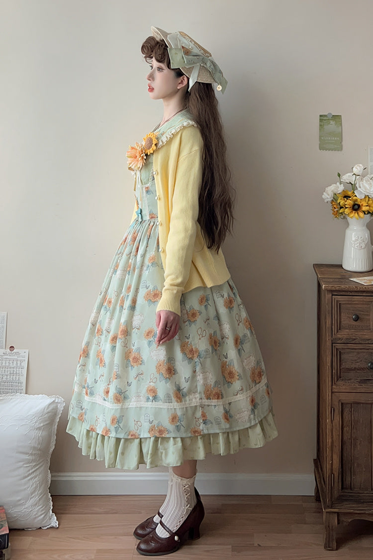 Green Gardening Sunflower Sleeveless Print Ruffle Bowknot Sweet Elegant Uplift Lolita Jsk Dress