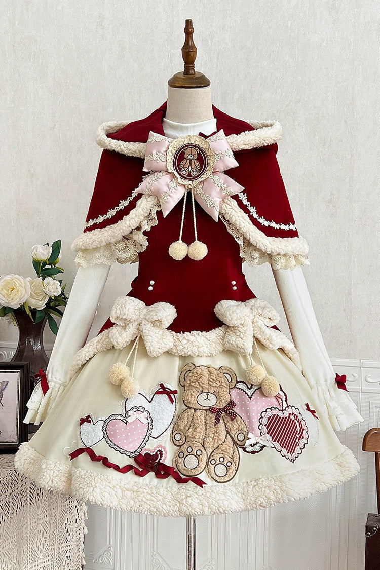 Red/Beige Heart Bear Embroidered Sweet Lolita Jsk Dress Set
