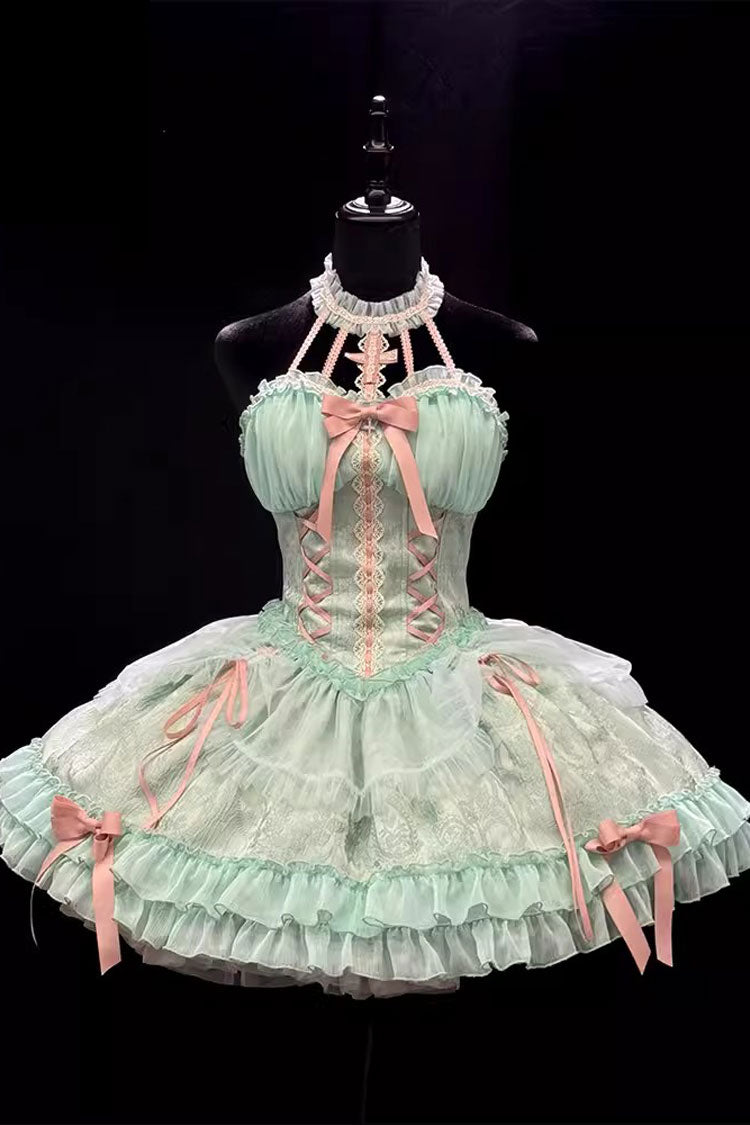 Green Cross Halterneck Ruffle Bowknot Lace Lace-Up Princess Sweet Lolita Dress