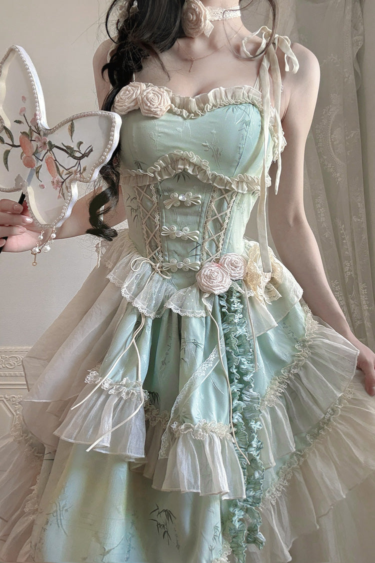 Green Tea Bamboo Song Sleeveless Jacquard Ruffle Bowknot Lace Irregular Sweet Chinese Style Ballet Lolita Jsk Dress Long Version Set