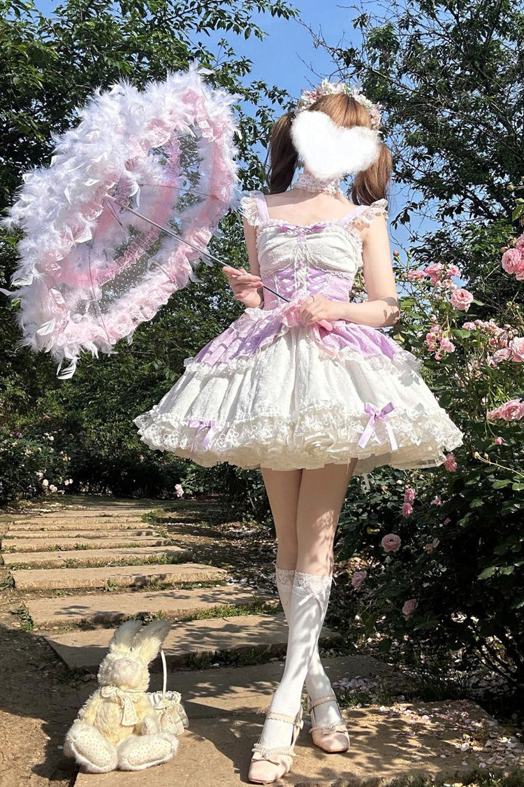Purple Leiffu Sleeveless Ruffle Bowknot Lace Lace-Up Sweet Ballet Lolita Jsk Dress