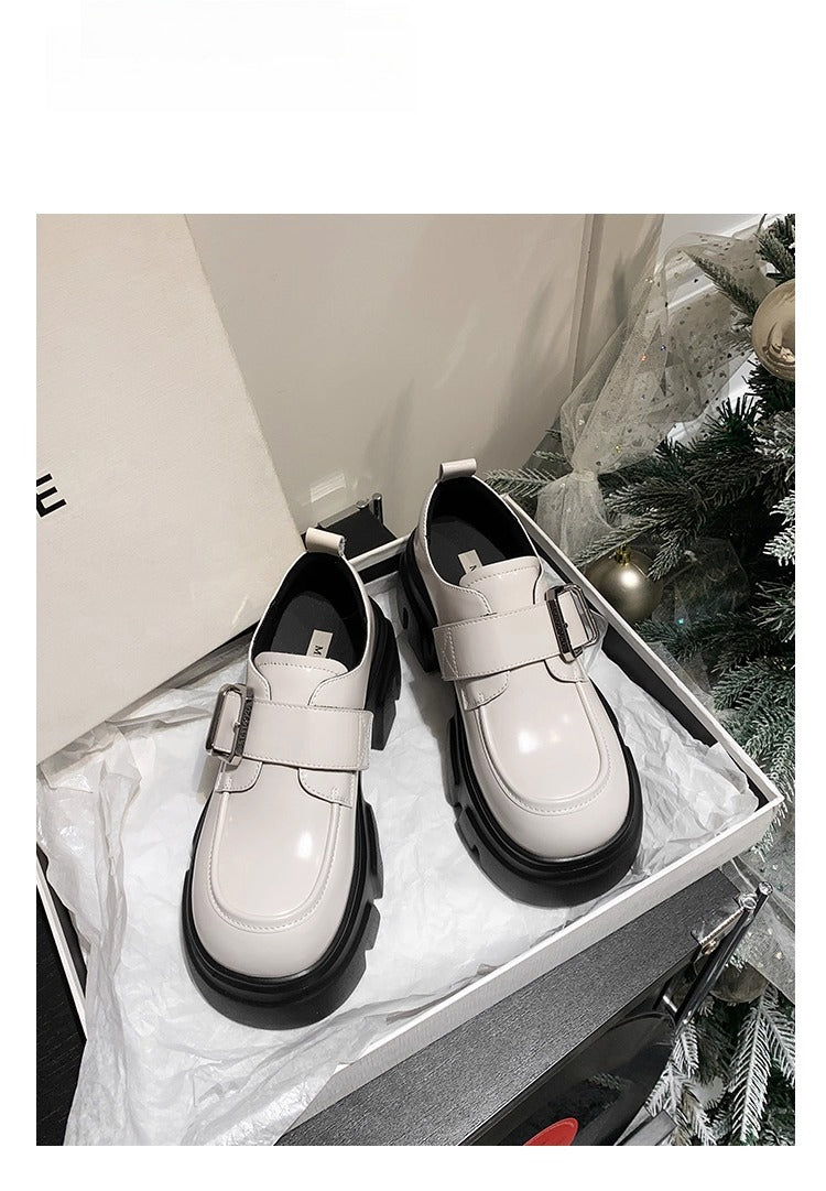 Lolita Shoes Beige Chunky Platform Loafers 7cm Height Increase British Style Leather for Women