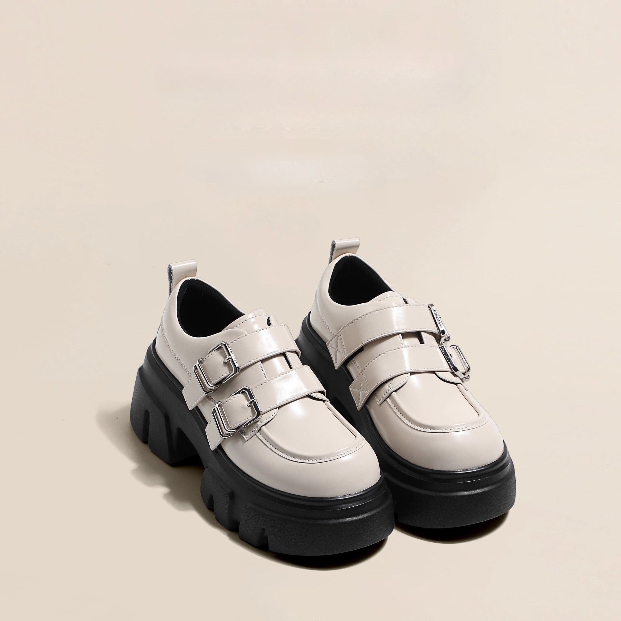 Lolita Shoes Beige Chunky Platform Loafers 7cm Height Increase British Style Leather for Women