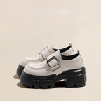 Lolita Shoes Beige Chunky Platform Loafers 7cm Height Increase British Style Leather for Women