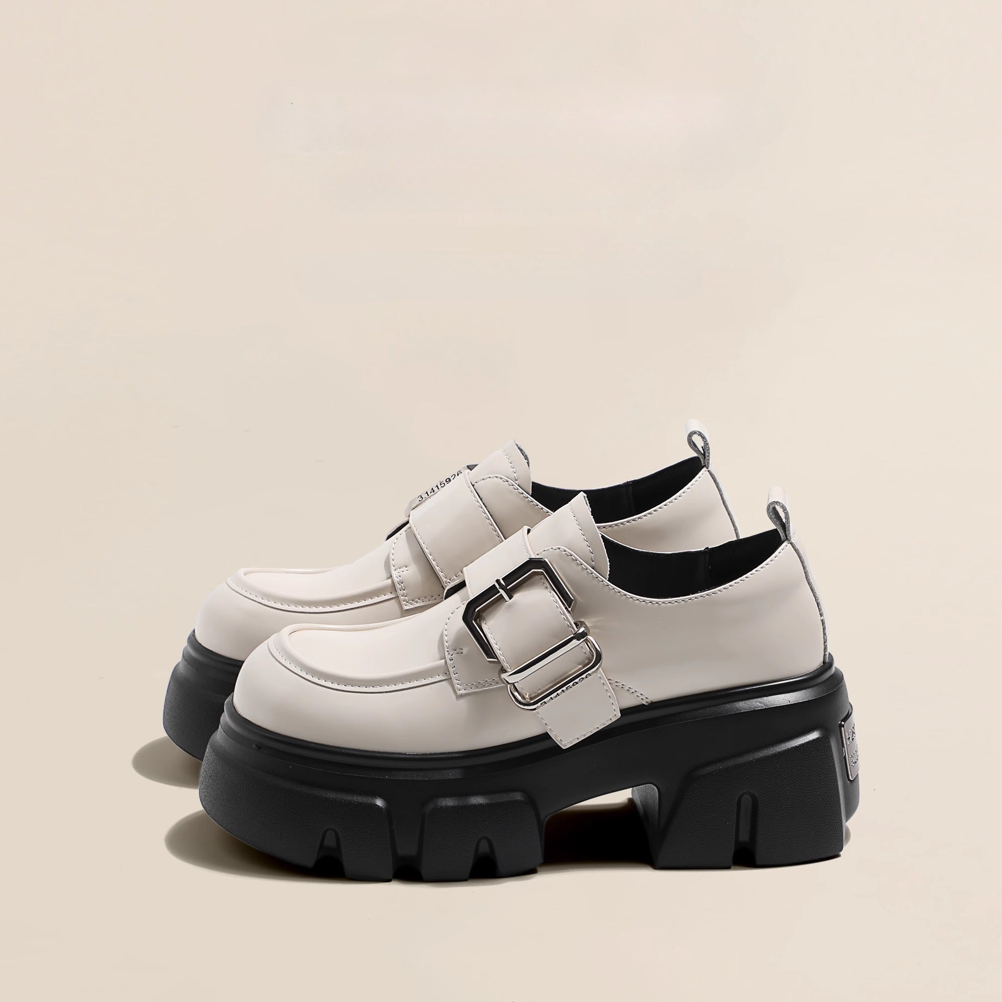 Lolita Shoes Beige Chunky Platform Loafers 7cm Height Increase British Style Leather for Women