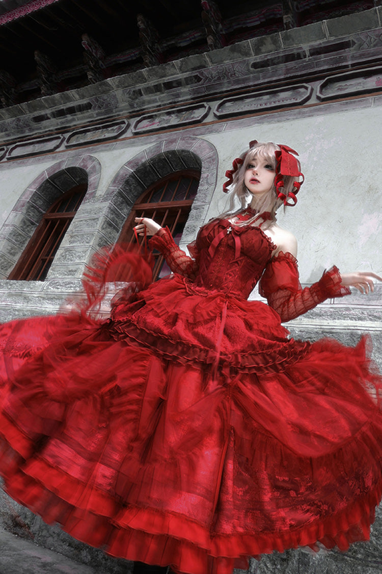Wine Red Cross Halterneck Ruffle Bowknot Lace Lace-Up Princess Gothic Lolita Dress