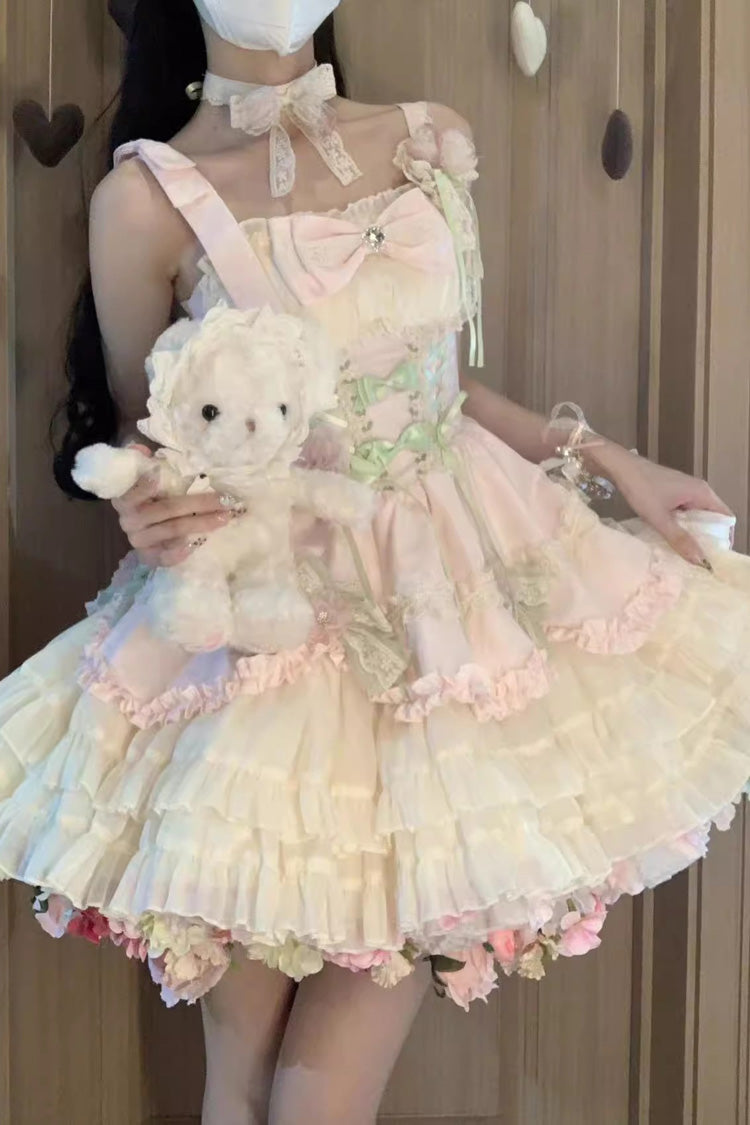 Pink/Ivory Ballet Style Garden Multi-layer Ruffle Bowknot Lace Sweet Lolita Jsk Dress